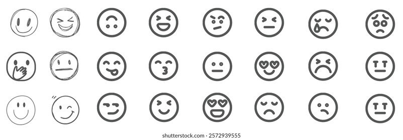 A set of 24 monochrome circular emoji icons displaying various facial expressions and emotions. Simple line-style illustrations include happy, sad, angry, surprised, love, and neutral faces in graysca