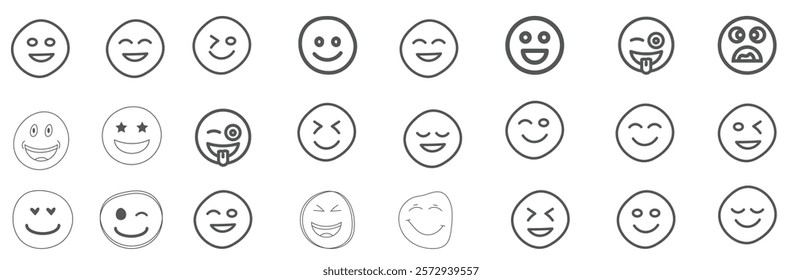 A set of 24 monochrome circular emoji icons displaying various facial expressions and emotions. Simple line-style illustrations include happy, sad, angry, surprised, love, and neutral faces in graysca