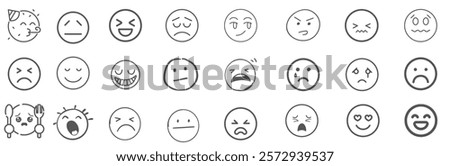 A set of 24 monochrome circular emoji icons displaying various facial expressions and emotions. Simple line-style illustrations include happy, sad, angry, surprised, love, and neutral faces in graysca