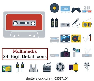 Set of 24 Multimedia Icons. Flat color design. Vector illustration.