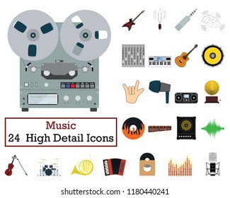 Set of 24  Music Icons. Flat color design. Vector illustration.