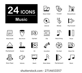 Un conjunto de 24 iconos de música como carpeta de música, trompeta, tambor musical
