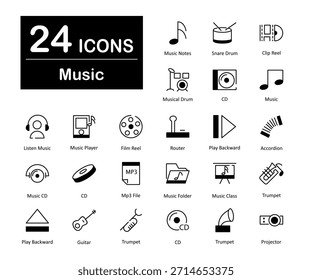 Eine Reihe von 24 Musiksymbolen als Noten, Snare Drum, Clip Reel