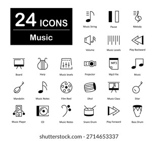 Um conjunto de 24 ícones de música como string de música, pausa, melodia