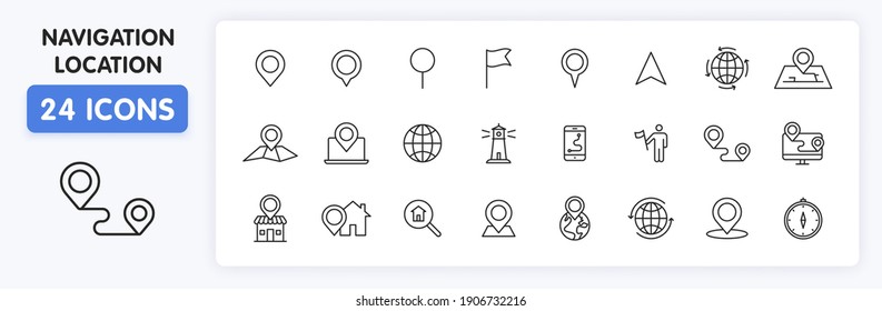 Set of 24 Navigation and location web icons in line style. GPS, compass, global, marker, map, pointer. Vector illustration.