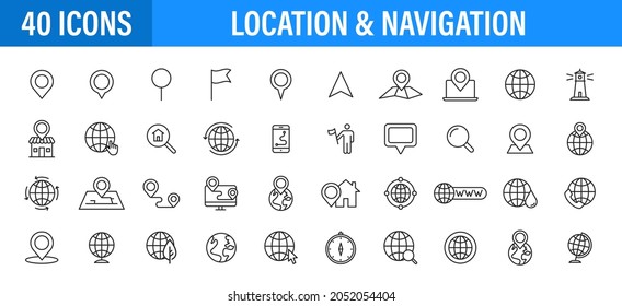 Set of 24 Navigation and location web icons in line style. GPS, compass, global, marker, map, pointer. Vector illustration.	