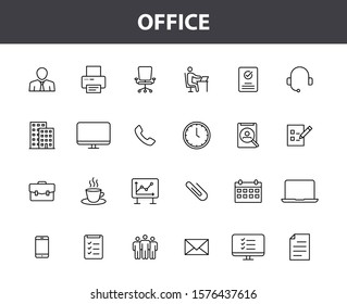 Set of 24 Office web icons in line style. Teamwork, workplace, coffee, work, business, employee. Vector illustration.