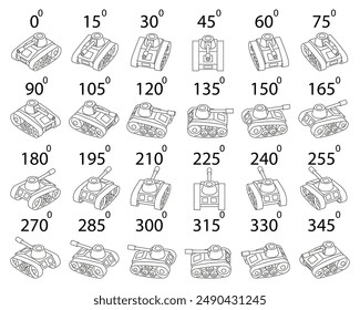 A set of 24 old tanks from different angles. Rotation of the tanks in outline by 15 degrees for animation.  