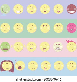 Un conjunto de 24 emoticonos de diseño originales. Sonrisas vectoriales de dibujos animados. Expresión de emociones en las redes sociales. Íconos divertidos. Caras redondeadas vectoriales.