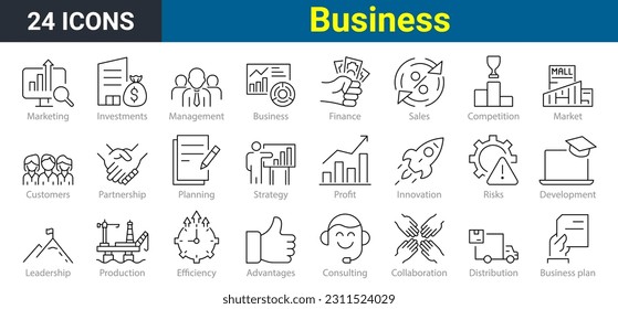 set of 24 Outline Icon Business Management. Set contains such Icons as Vision, Mission, Values, Human Resource, Experience and more