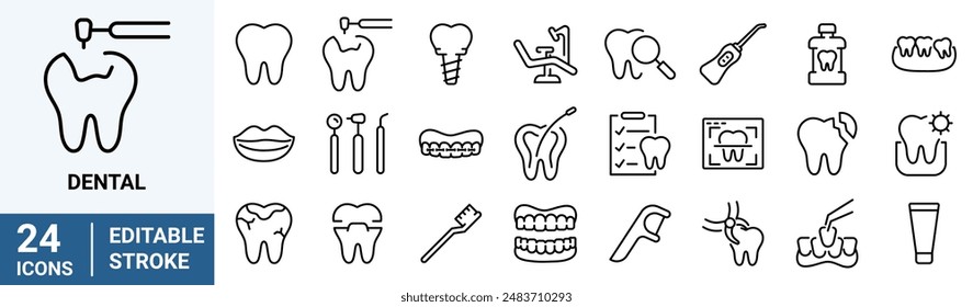 Satz von 24 Umrisssymbole im Zusammenhang mit Dental. Lineare Kollektion von Symbolen. Bearbeitbarer Strich. Vektorillustration