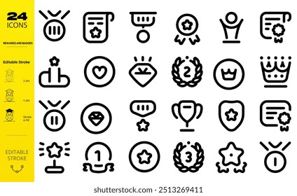 Set of 24 outline icons related to quality, badge, success. Linear icon collection. Editable stroke. Vector illustration