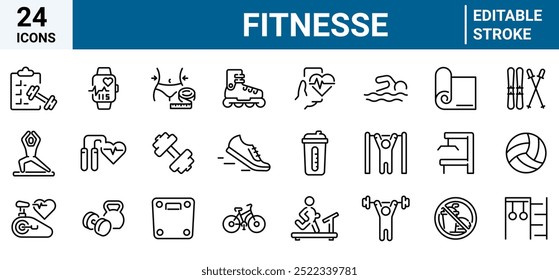 Conjunto de 24 ícones de estrutura de tópicos relacionados a Fitnesse. Coleção de ícones linear. Traçado editável. Ilustração vetorial