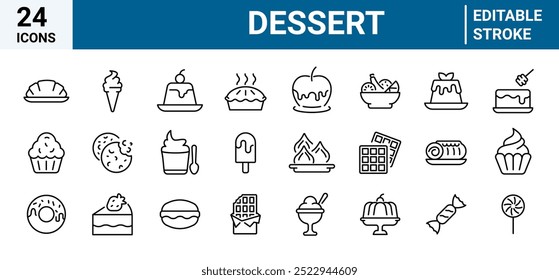 Set von 24 Umrisssymbolen in Bezug auf Dessert. Lineare Symbolsammlung. Bearbeitbarer Strich. Vektorgrafik