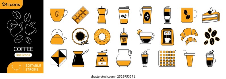 Conjunto de 24 ícones de contorno relacionados à classificação de café e chá. Coleção linear. É possível editar traçados. Pixel perfeito. Contém designs de ícones para café, chá e chocolate.