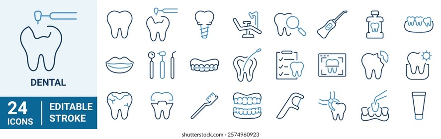 Set of 24 outline icons related to dental. Linear icon collection. Editable stroke. Vector illustration