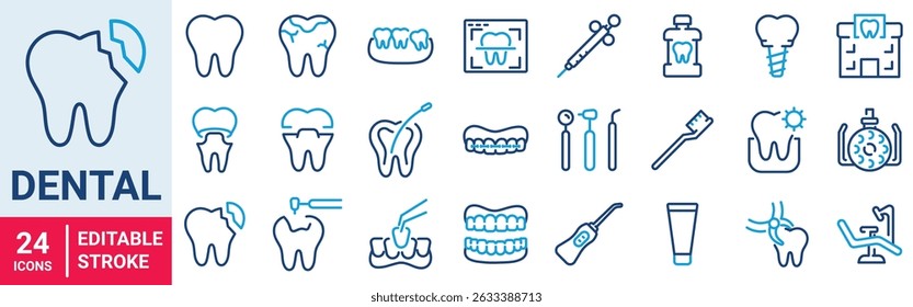 Set of 24 outline icons related to dental. Linear icon collection. Editable stroke. Vector illustration