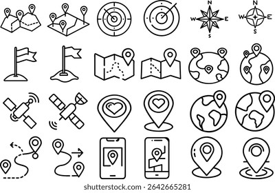 Set of 24 outline icons related to Location Tracking. Linear icon collection. Editable stroke. Vector illustration	