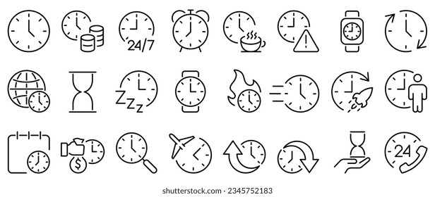 Set of 24 outline web icons related to Time. Time Speed, Hold, 24h Available and more. Editable Stroke. Vector illustration.