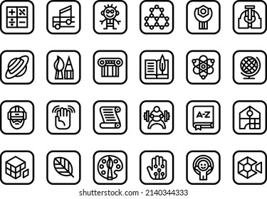 A set of 24 pictograms on the topic of education and school disciplines.