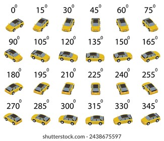 A set of 24 pixel car from different angles. Rotation of the car in pixel art style by 15 degrees for animation.  