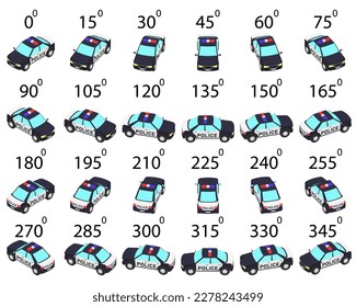 A set of 24 police cars from different angles. Rotation of the patrol car in logo style by 15 degrees for animation.  