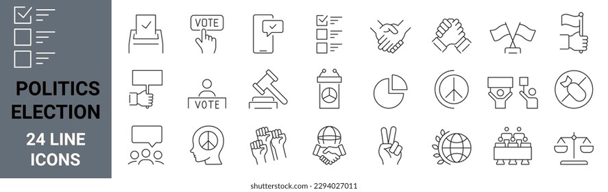 Set of 24 Politics election. Voting Related Vector Line Icons. Raising Hands, Electronic voting and more. Editable Stroke