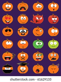 Set of 24 pumpkin-shaped smiley faces - vector illustrations