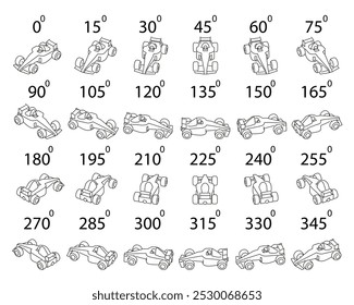 A set of 24 racing cars in outline. Rotation of the sport car with pilot by 15 degrees for animation.  