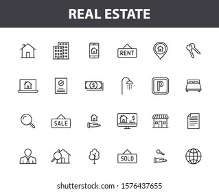 Set of 24 Real Estate web icons in line style. Rent, building, agent, house, auction, realtor. Vector illustration.
