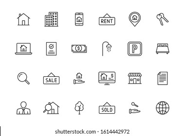 Set of 24 Real Estate web icons in line style. Rent, building, agent, house, auction, realtor. Vector illustration.