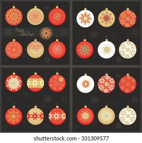 Set of 24 red, golde, white ornamental crystal balls, Christmas baubles on dark background