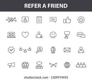 Set of 24 Refer a friend icons in line style. Referral program, marketing, invite friends. Vector illustration