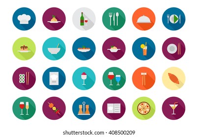 Conjunto de 24 iconos coloridos de la comida del restaurante 