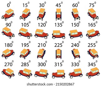 A set of 24 retro cars from different angles. Rotation of the vintage car in outline by 15 degrees for animation.  