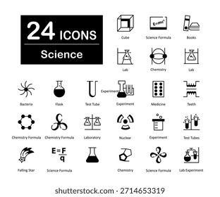Un conjunto de 24 iconos de la ciencia como cubo, fórmula de la ciencia, libros