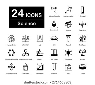 A set of 24 science icons as science formula, star formation, test vial