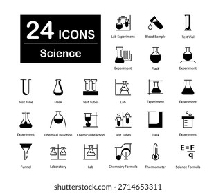 Un conjunto de 24 iconos de la ciencia como experimento de laboratorio, muestra de sangre, frasco de prueba