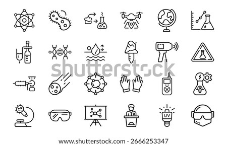 Set of 24 Science and Laboratory Line Icons Chemistry, Biology, Physics, Research, Safety, and Technology Symbols in Minimal Outline Style