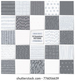 Set of 24 seamless patterns with dots and lines, strokes, circles and grids. Soft and gentle girlish colours: grey, white and a little pink.