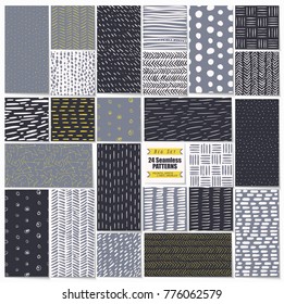 Set of 24 seamless patterns with dots and lines, strokes, circles and grids. Bright and contrasting colours: light pink, black, grey and a little yellow.