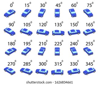 A Set Of 24 Sedan Car From Different Angles. Animation Of The Rotation Of A Blue Car By 15 Degrees. 