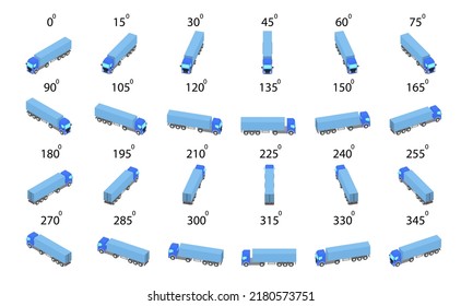 A set of 24 semi-trailer trucks from different angles. Rotation of the truck by 15 degrees for animation and video games.  