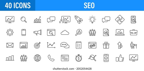 Set von 24 SEO- und Development-Icons im Linienstil. Kontakt, Ziel, Website. Vektorgrafik