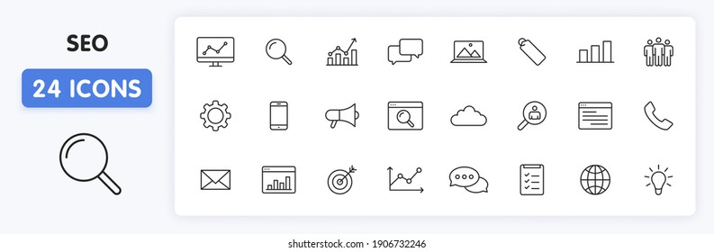 Set of 24 SEO and Development web icons in line style. Contact, Target, Website. Vector illustration.