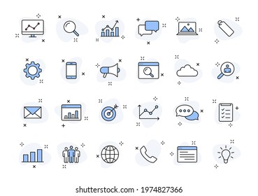 Set of 24 SEO and Development web icons in line style. Contact, Target, Website. Vector illustration.