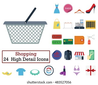 Set of 24 Shopping icons. Flat color design. Vector illustration.