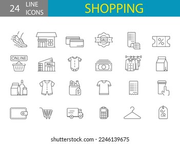 Set of 24 shopping icons for retail, grocery, restaurant food delivery concepts. express order, mobile shop.