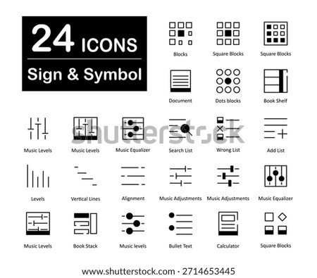 A set of 24 sign icons as blocks, square blocks, document