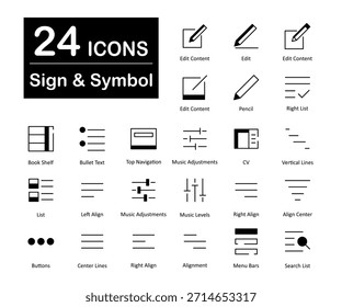 Un conjunto de 24 iconos de signos como editar contenido, editar, lápiz